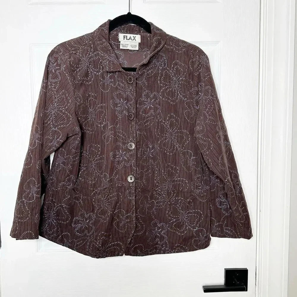 FLAX Size S Brown Corduroy Collared Lightweight Jacket Blue Embroidered Floral